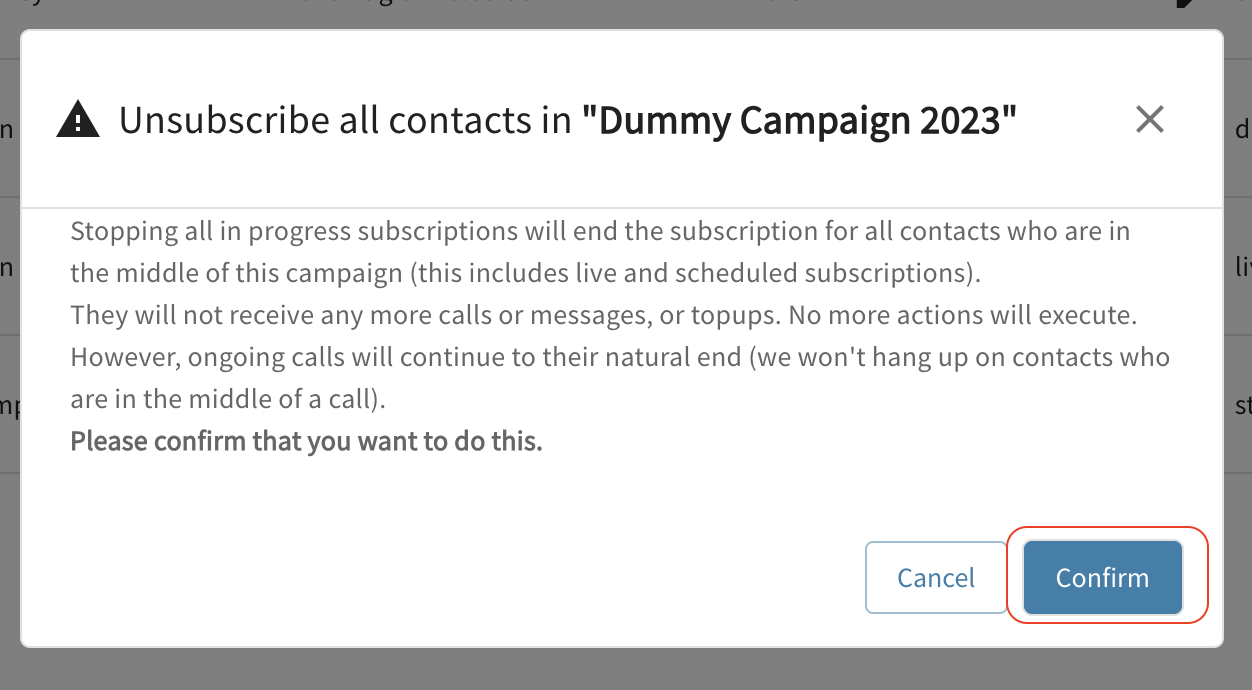 That Unsubscribe all contacts modal. This modal gives you information on what the feature is and allows you confirm the action